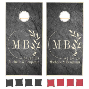 Modern Dark Granite Stone Leaf Wedding Monogram Cornhole Set