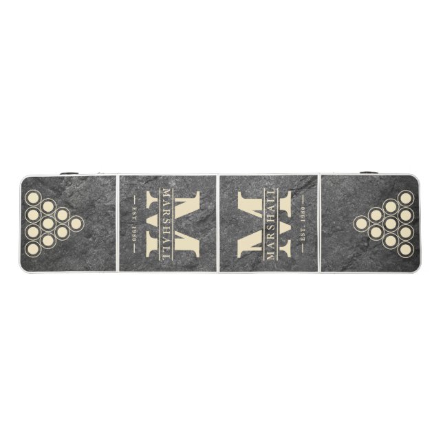 Modern Dark Granite Stone Monogram & Name Overlay Beer Pong Table (Top)