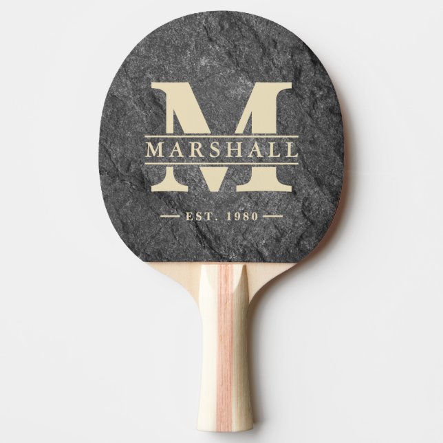 Modern Dark Granite Stone Monogram & Name Overlay Ping Pong Paddle (Front)