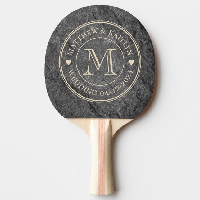 Modern Dark Granite Stone Wedding Monogram Heart Ping Pong Paddle (Front)