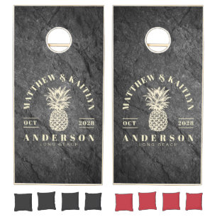 Modern Dark Granite Tropical Pineapple Wedding Cornhole Set