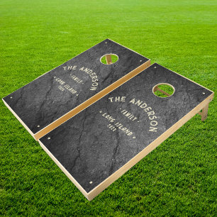Modern Dark Granite Vintage Seaside Family Name Cornhole Set