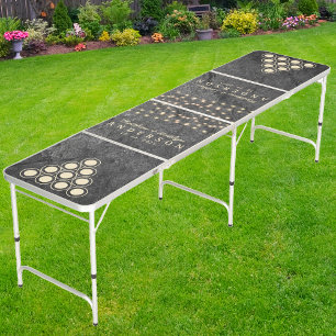 Modern Dark Granite Wedding String Lights & Name Beer Pong Table