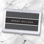 Modern dark gray and black masculine personalized case for business cards<br><div class="desc">Modern,  elegant profile or business card holder with a black,  horizontal band over a dark gray,  striped texture. Customizable name on the front. White text. Matches the same style business card. Classy design,  great for a lawyer,  attorney or accountant.</div>