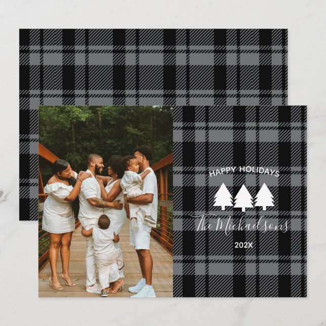 Modern Dark Gray and Black Plaid Photo  Holiday Card (Front/Back)