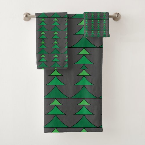 Modern Dark Gray and Green Christmas Tree Pattern Bath Towel Set