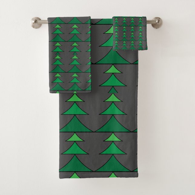 Modern Dark Gray and Green Christmas Tree Pattern Bath Towel Set (Insitu)
