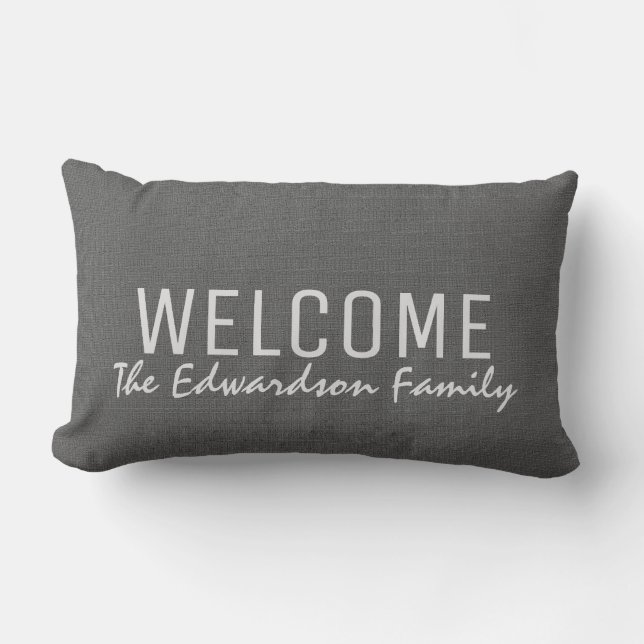 Modern dark gray burlap Welcome Family monogram Lumbar Pillow (Front)