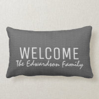 Modern dark gray burlap Welcome Family monogram