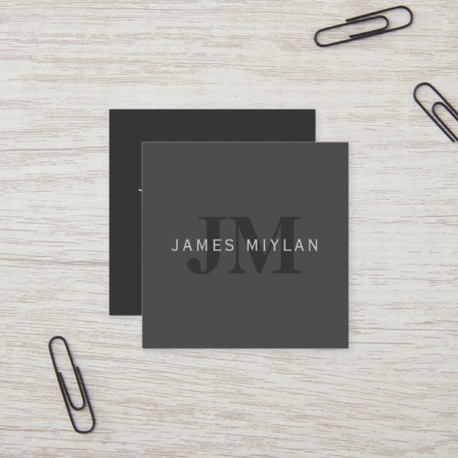 Modern Dark Gray Editable Monogram Design Template Square Business Card (Front/Back In Situ)