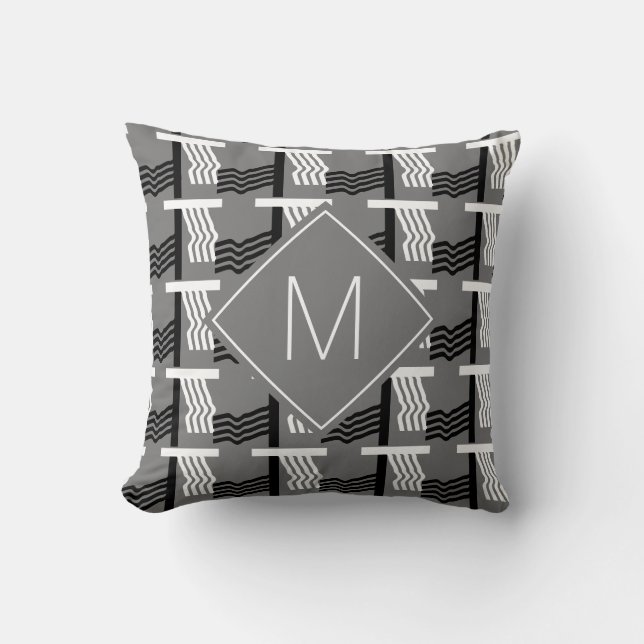 Modern Dark Gray Ethnic Monogram Throw Pillow (Front)