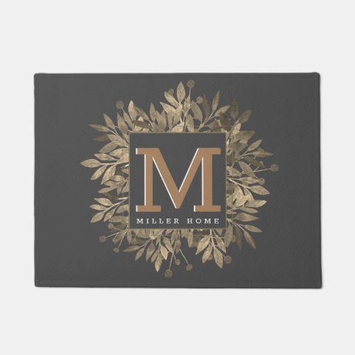 Modern Dark Gray Gold Leaves Wreath Monogram  Doormat