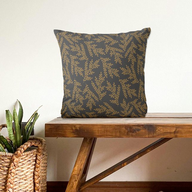 Modern Dark Gray Golden Floral Leaves Pattern Throw Pillow (Creator Uploaded)