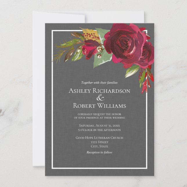 Modern Dark Gray Linen Burgundy Floral Wedding Invitation (Front)