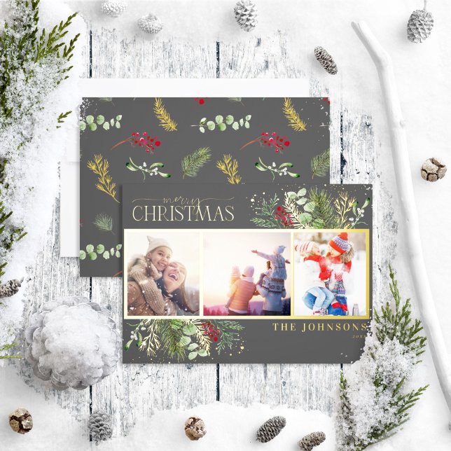Modern Dark Gray Merry Christmas Script Pine Photo Foil Holiday Card (Creator Uploaded)
