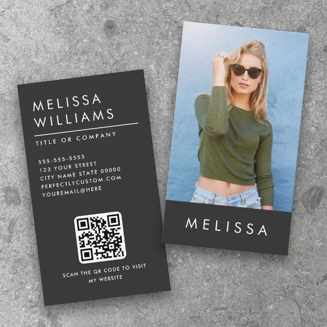 Modern dark gray minimalist custom photo QR code Business Card (Creator Uploaded)