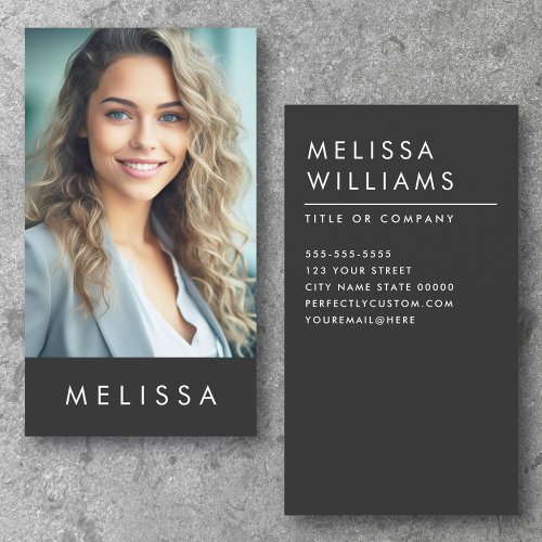 Modern dark gray minimalist custom photo vertical business card