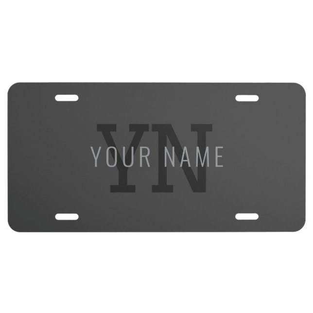 Modern Dark Gray Monogrammed Name (or other text) License Plate (Front)
