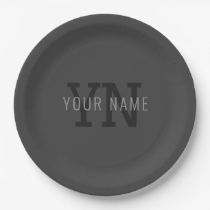 Modern Dark Gray Monogrammed Name (or other text) Paper Plates