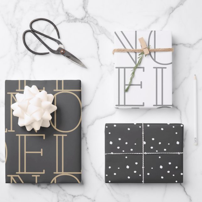 Modern Dark Gray NOEL Wrapping Paper Sheets (Front)