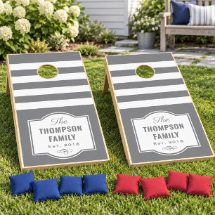 Modern Dark Gray Stripe Family Monogram Cornhole Set
