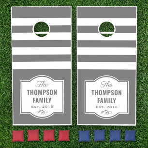 Modern Dark Gray Stripe Family Monogram Cornhole Set