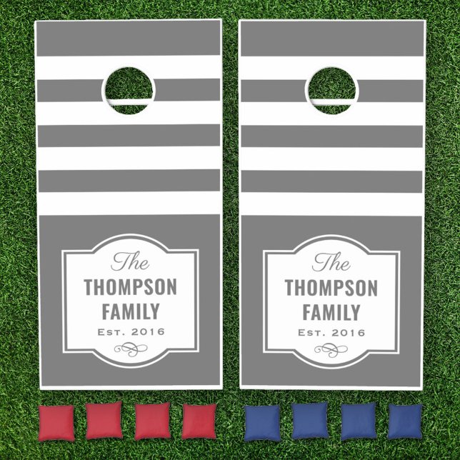 Modern Dark Gray Stripe Family Monogram Cornhole Set (Creator Uploaded)