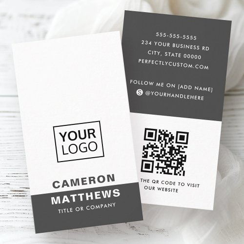 Modern dark gray white add logo social media icons business card