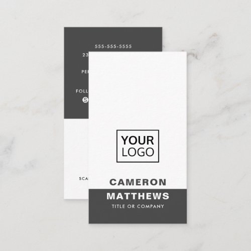 Modern dark gray white add logo social media icons business card
