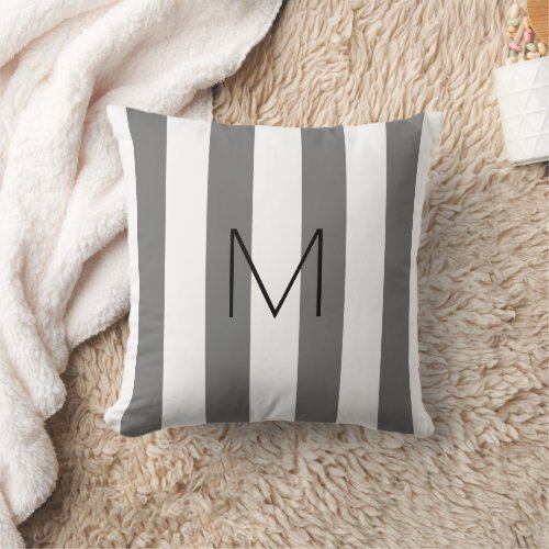 Modern dark gray white stripes monogrammed family throw pillow