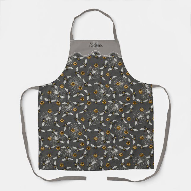Modern Dark Gray & Yellow Bees Pattern Gardening Apron (Front)
