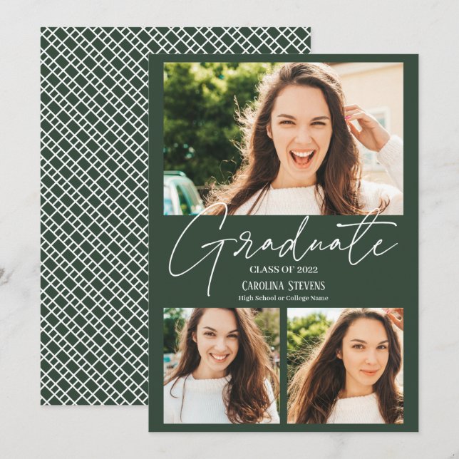 Modern dark green 3 photos collage graduation announcement (Front/Back)