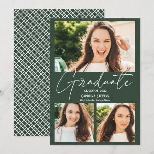 Modern dark green 3 photos collage graduation announcement