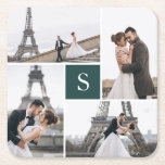 Modern Dark Green 4 Photo Gallery and Monogram Square Paper Coaster<br><div class="desc">Add your photos and custom monogram for a special one of a kind design.</div>