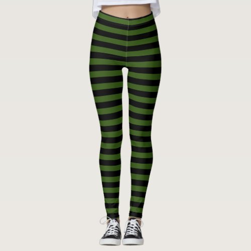Modern Dark Green and Black Striped  Leggings