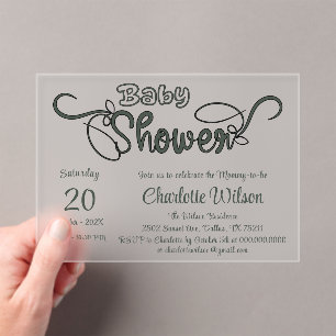 Modern Dark Green Baby Shower Acrylic Invitations