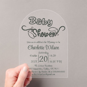 Modern Dark Green Baby Shower Vertical Acrylic Invitations