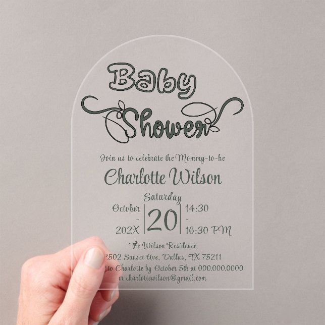 Modern Dark Green Baby Shower Vertical Acrylic Invitations (Insitu (Handheld))