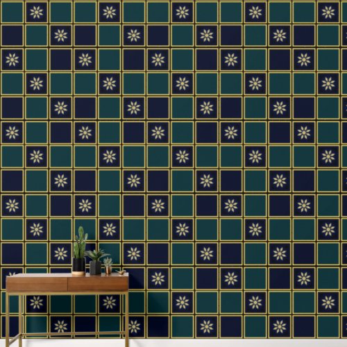 Modern Dark Green Blue  Gold Art Nouveau Tiles Wallpaper