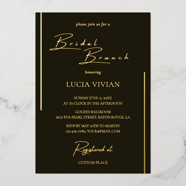 Modern Dark Green Calligraphy Bridal Brunch Foil Invitation (Front)