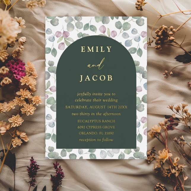 Modern Dark Green & Gold Eucalyptus Wedding Foil Invitation (Creator Uploaded)