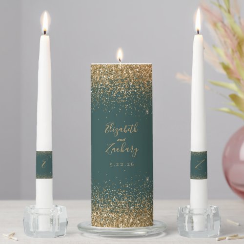 Modern Dark Green Gold Faux Glitter Edge Unity Candle Set