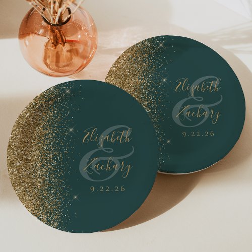 Modern Dark Green Gold Glitter Edge Wedding Paper Plates