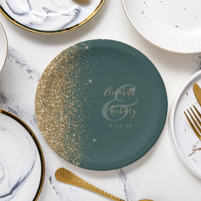 Modern Dark Green Gold Glitter Edge Wedding Paper Plates (Creator Uploaded)