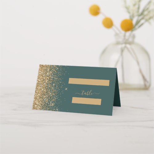 Modern Dark Green Gold Glitter Edge Wedding Place Card