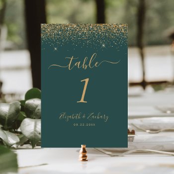 Modern Dark Green Gold Glitter Edge Wedding Table Number by Wedding_Paper_Nest at Zazzle