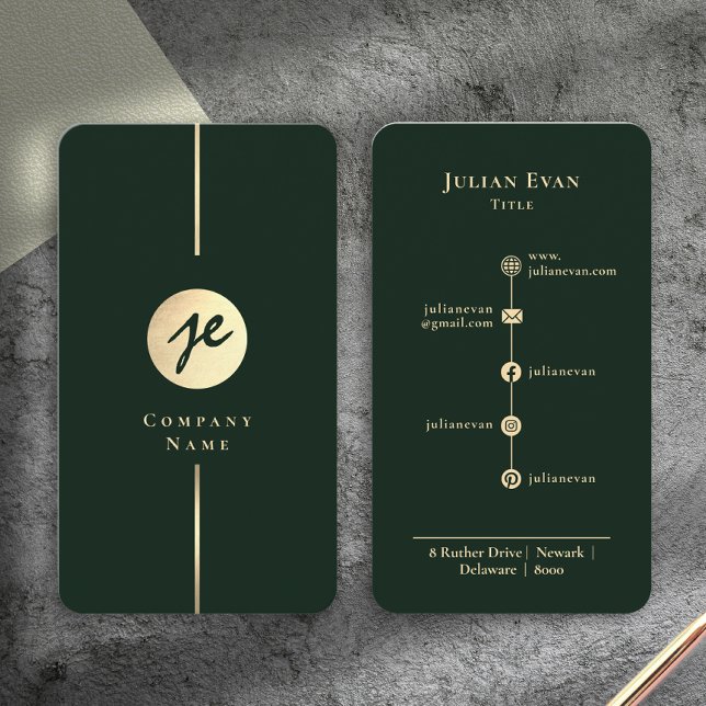 Modern Dark Green Gold Luxe Handwriting Monogram Business Card (Modern Dark Green Gold Luxe Handwriting Monogram Business Card)