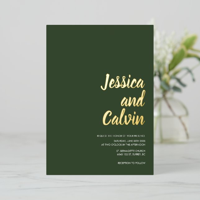 Modern Dark Green Gold Text Wedding Invitation  Foil Invitation (Standing Front)