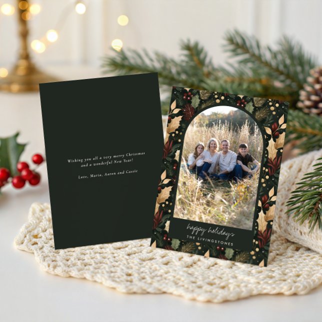 Modern Dark Green Holly Arch Photo Holiday Card (Creator Uploaded)