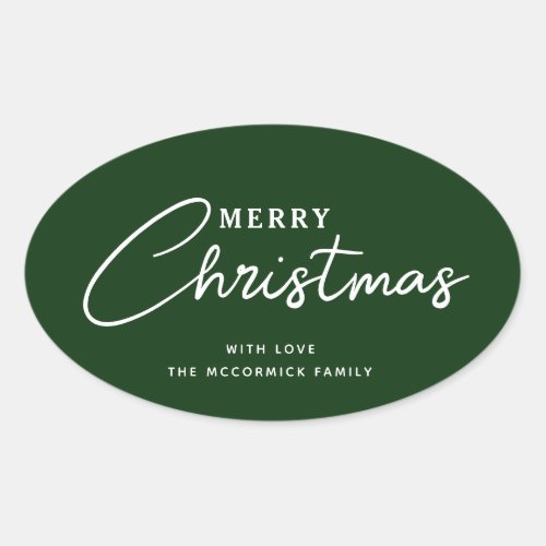 Modern Dark Green Merry Christmas Custom Name Oval Sticker